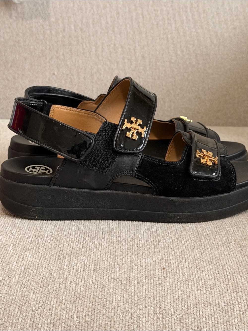 Tory Burch Kira Black Patent Double-Strap Sandals with Gold Logo Accents - Picture 7 of 10